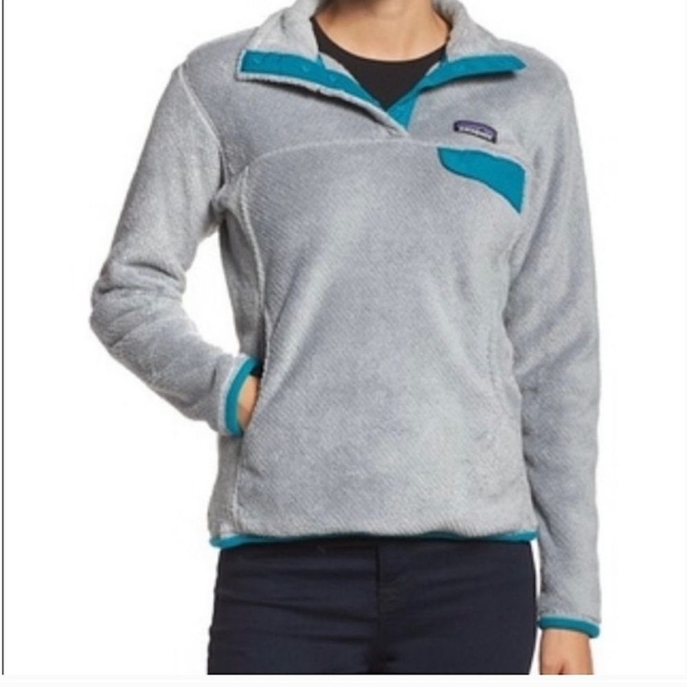 Patagonia Re-Tool Quarter Snap Teal and Gray Fuzzy Fleece Jacket/Pullover
